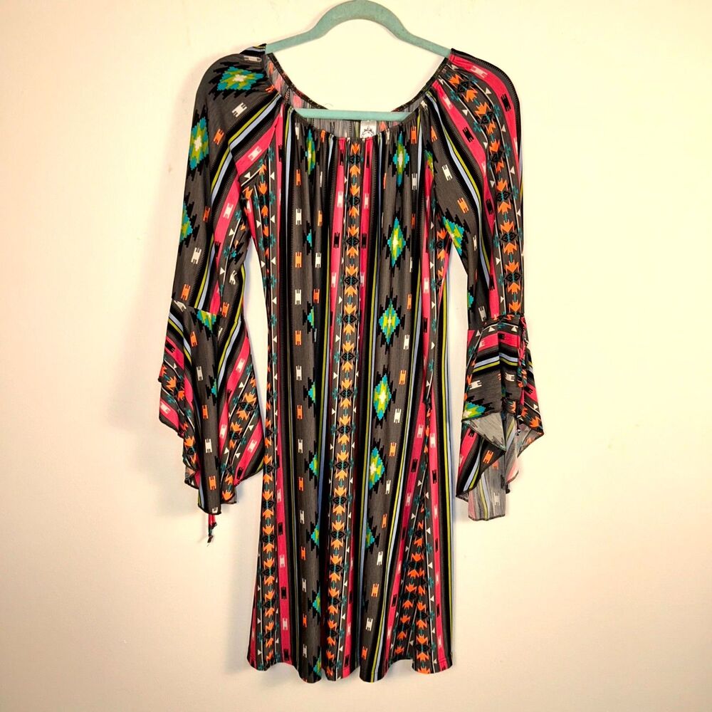 2B Together Dress Womens One Size Multi Aztec Print Bell Sleeve Festival Boho
